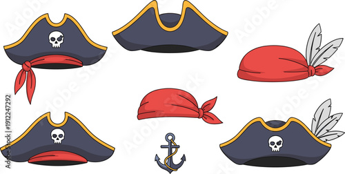 Pirate Captain Hat and Bandana Icon Set Featuring Skull and Crossbones Design Anchor with Rope and Feather Accessories