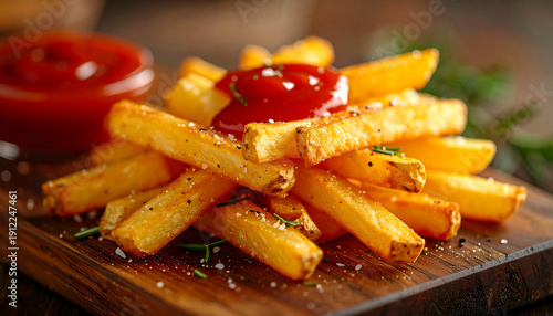 Golden French fries stacked on wooden board, ketchup drizzled, rosemary sprinkled. Tasty food
