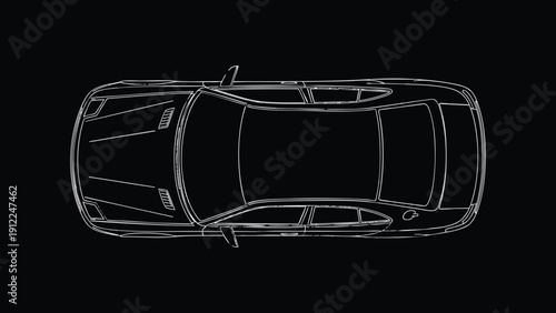Minimalist Technical Blueprint of a Modern Sedan Car Featuring White Hand Drawn Line Art Top View Perspective on a Black Background