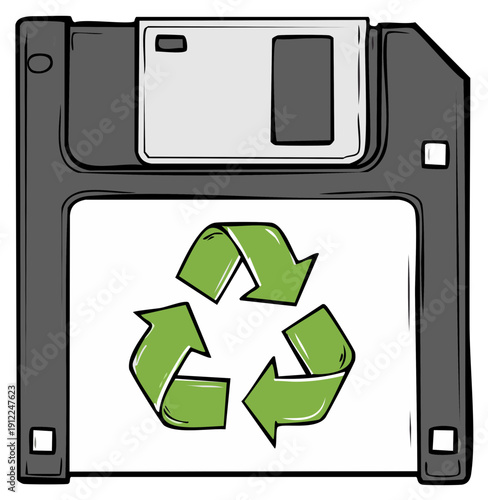 Retro floppy disk featuring a prominent green recycling symbol for environmental data reuse concept