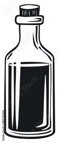 Black and white illustration of a glass bottle with cork stopper filled with dark liquid