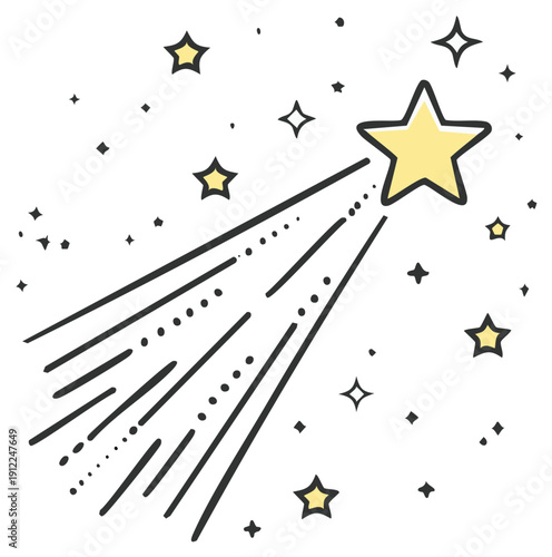 Shooting star illustration with hand drawn style and light yellow color against a backdrop of twinkling star clusters in the night sky.