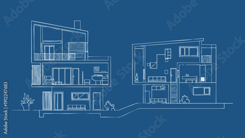 Technical Architectural Blueprint of Modern Residential Houses Featuring White Hand Drawn Line Art Side View Cross Sections on a Blue Background