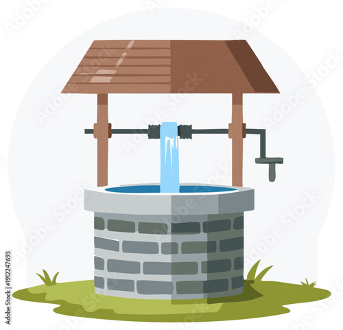 Illustrated Stone Water Well with Wooden Roof Design and Flowing Stream