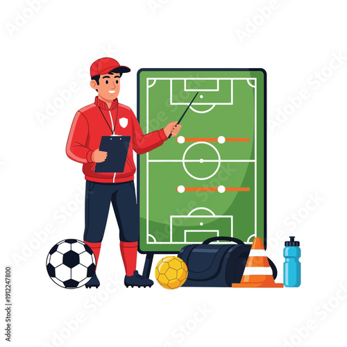 A soccer coach standing in front of a tactical board with a clipboard and pointing to a strategy plan.