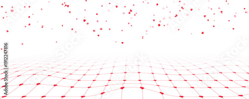 Abstract red heart confetti perspective grid background with floating romantic particles for Valentine’s Day design