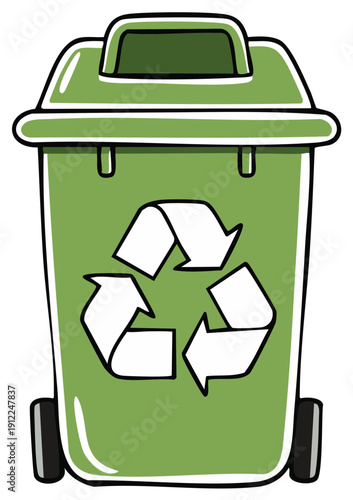 Green recycling bin illustration with wheels and universal symbol for waste sorting