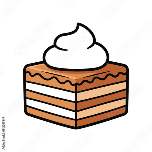 A cartoon illustration of a slice of cake with whipped cream on top