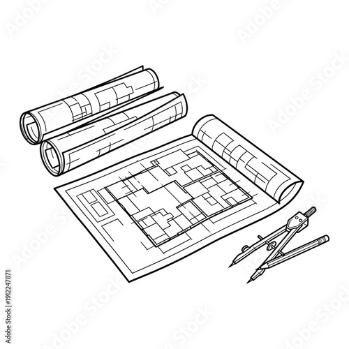 A detailed architectural blueprint with rolled up plans and drafting tools on a clean white background