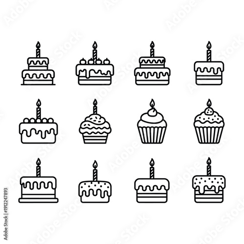 A collection of black and white line drawings of birthday cakes and cupcakes with candles