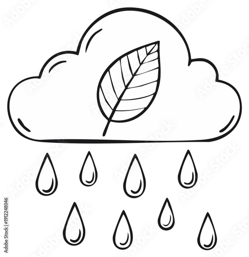 Simple doodle of an ecological cloud with a leaf raining, a symbol of nature and sustainability