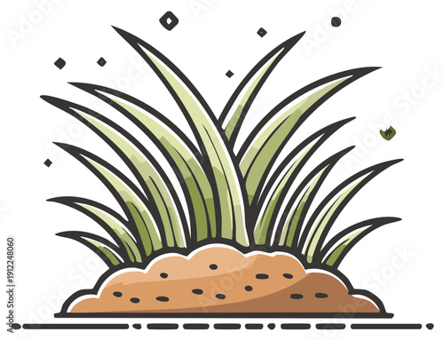 Stylized Grass Clump Growing from Earth with Dotted Detail in Sketch Style Illustration for Graphic Use