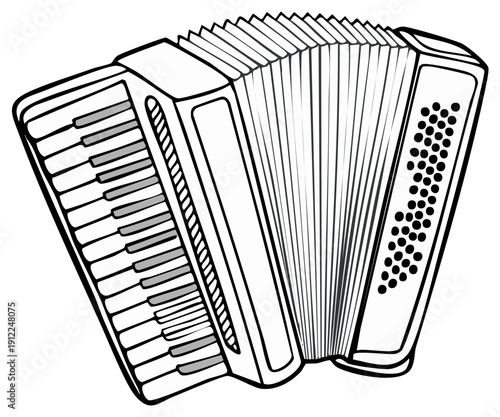 Black and white outline drawing of a musical accordion with piano keys and bellows