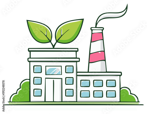 Green factory building with leaf symbol and smoking chimney