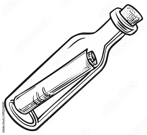 Iconic message in a glass bottle with a rolled paper scroll inside and cork stopper drawing concept