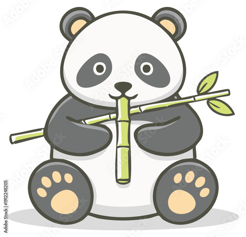 Cute cartoon panda bear sitting and happily eating bamboo stalks with green leaves
