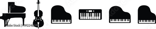 Black musical instrument silhouettes collection isolated on white background featuring grand piano, violin, keyboard and acoustic piano shapes for music design projects