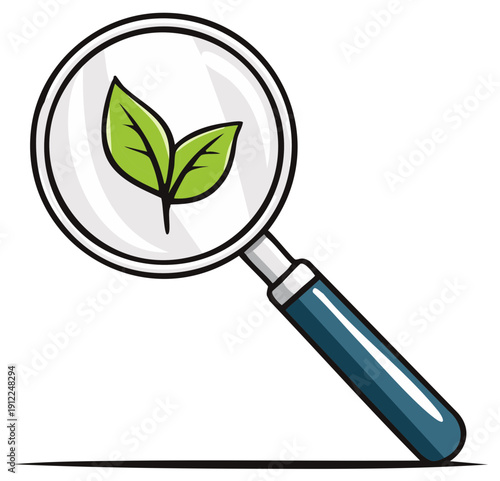 Magnifying glass examining green plant leaves representing growth and biology research