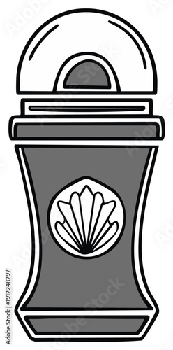 Stylized illustration of a personal hygiene product container with a shell emblem