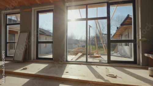 Home refurbishment process on a sunny day, featuring large, modern windows that allow natura.