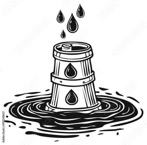 Leaking Oil Barrel in Polluted Water Vector Illustration