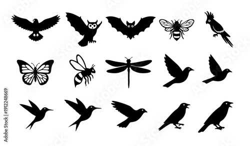 Diverse collection of flying animal silhouettes, featuring birds, insects, and a bat, presented as a versatile graphic resource for digital designs and illustrations