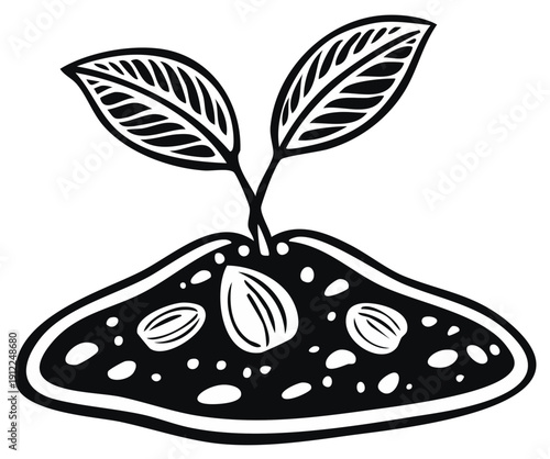 Graphic plant seedling sprouting from soil with seeds black and white icon