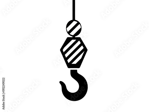 A nice and perfect black and white icon of a heavy duty crane hook hanging from a cable