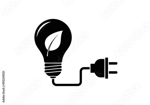 A very simple but important eco friendly light bulb with a white leaf icon connected to an electrical plug concept of green energy and sustainable power source simple black and white graphic icon