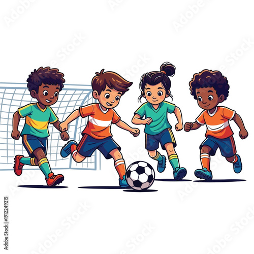 A group of happy children playing soccer together in a fun team sport activity