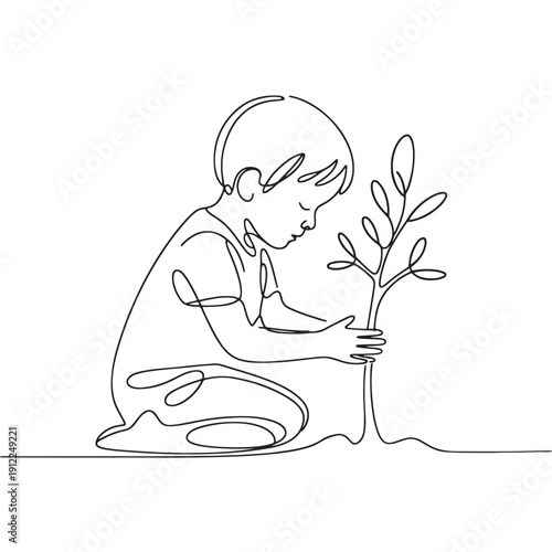Little boy planting young tree one line sketch
