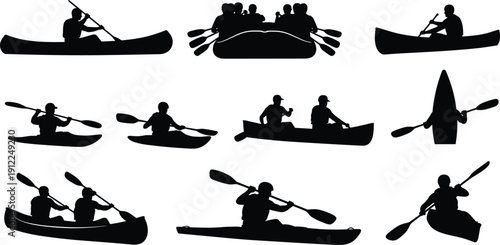 Collection of canoe and kayak silhouettes, paddling adventure water sport, kayaking canoeing activity, river exploration outdoor recreation, isolated vector illustration set