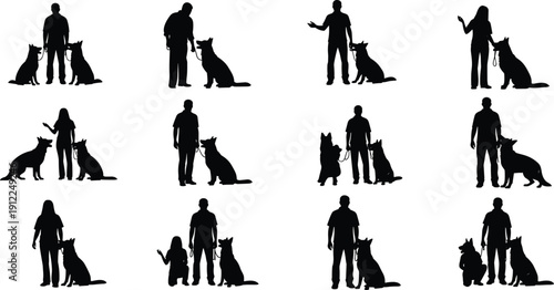 Collection of dog training silhouettes, with professional handlers, showing obedience commands, partnership teamwork, pet care, isolated on white background, vector