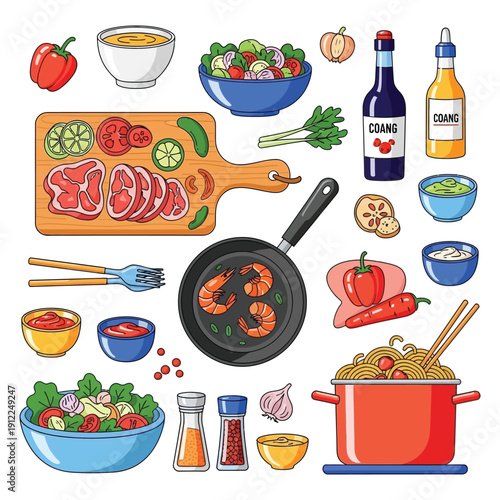 A colorful illustration of various food items and cooking utensils for a recipe or meal preparation