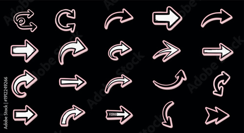 hand-drawn black ink arrow vectors arranged in a clean, tidy grid layout against a solid background. Features directional arrows in various styles including curved, straight, looped and sketchy forms