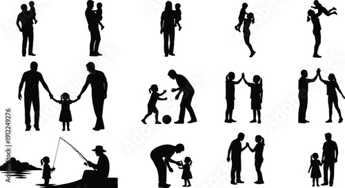 Collection of father and child silhouettes, parenting family love care, playing bonding activities together, happy parenthood moments, isolated vector illustration set