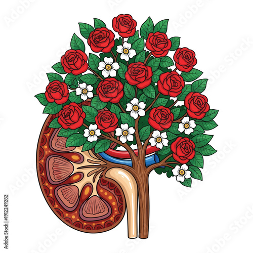 An illustration of a kidney with a tree growing out of it, symbolizing health and wellness.