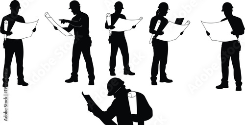 Construction worker silhouettes with blueprints, engineer planning, architecture design, building project, contractor teamwork, industrial safety, construction site illustration, professional 