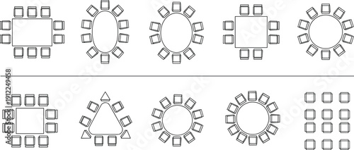 Set of conference and dining table seating arrangements top view with various shapes and chair layouts isolated on white background for interior planning design