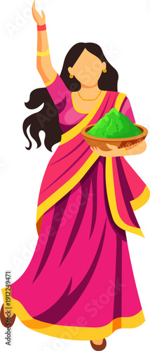 Holi illustration featuring dancing woman holding color powder, ideal for festival marketing, greeting cards, cultural event banners, social media posts