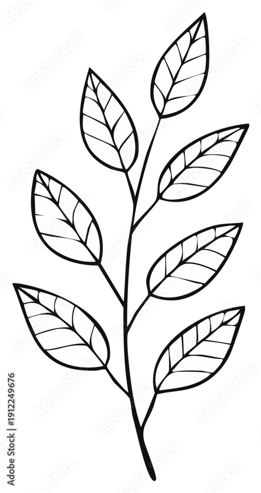 Fototapeta premium Elegant Branch with Leaves Outline Illustration Simple Floral Design Botanical Drawing Black and White Leaf Silhouette Vector Art