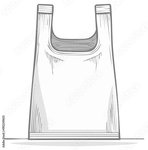 Simple hand drawn sketch of a white plastic grocery shopping bag with handles