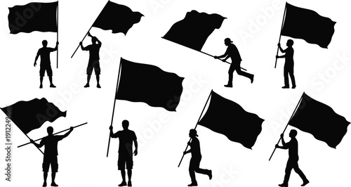 People waving flags silhouettes, protest demonstration, rally activism, freedom movement, political expression, patriotic symbols, public gathering, protester illustration, social movement concept