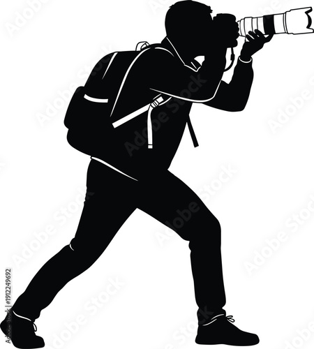 Photographer, silhouette, camera, telephoto, lens, shooting, professional, photography, action, wildlife, paparazzi, media, reporter, creative, hobby, isolated, black, white, background, illustration