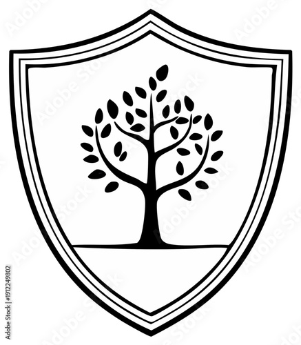 Stylized black tree with spreading branches and leaves inside a shield emblem silhouette