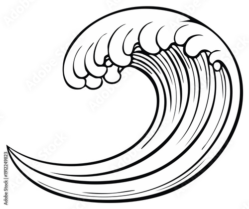 Black and white stylized illustration of a wave, inspired by traditional art