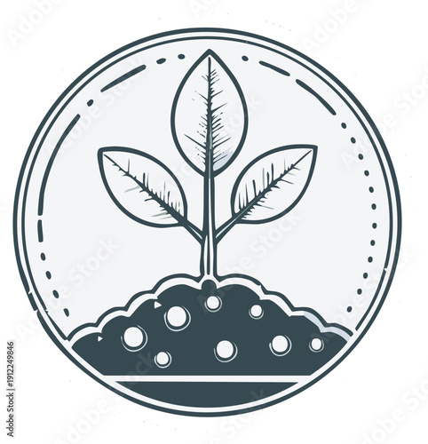 Hand drawn illustration of a young plant growing from fertile soil within a circle border