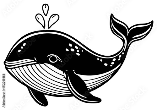 Stylized black and white whale spouting water with a friendly cartoon design and bold lines