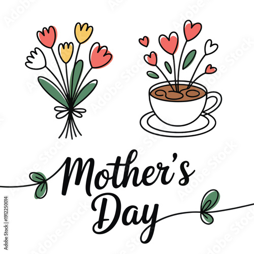 Mother's day text, flowers, and teacup icon