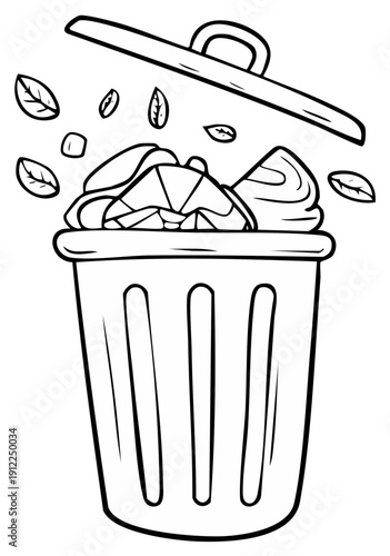 Hand drawn illustration of a garbage can with a lid open and trash falling out